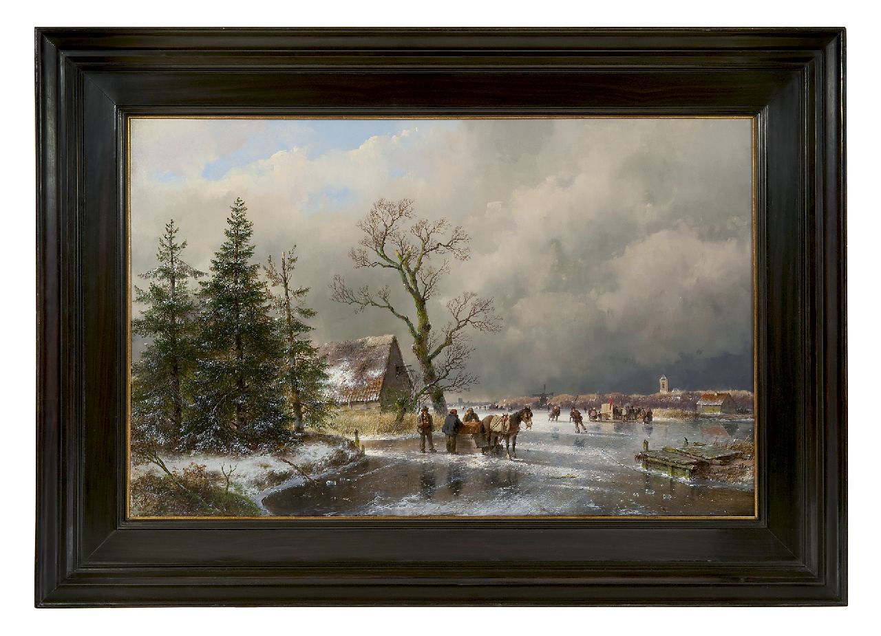 Schelfhout A.  | Andreas Schelfhout, Skaters and sleds on a frozen canal, oil on panel 52.2 x 83.0 cm, signed l.r. and painted 1869