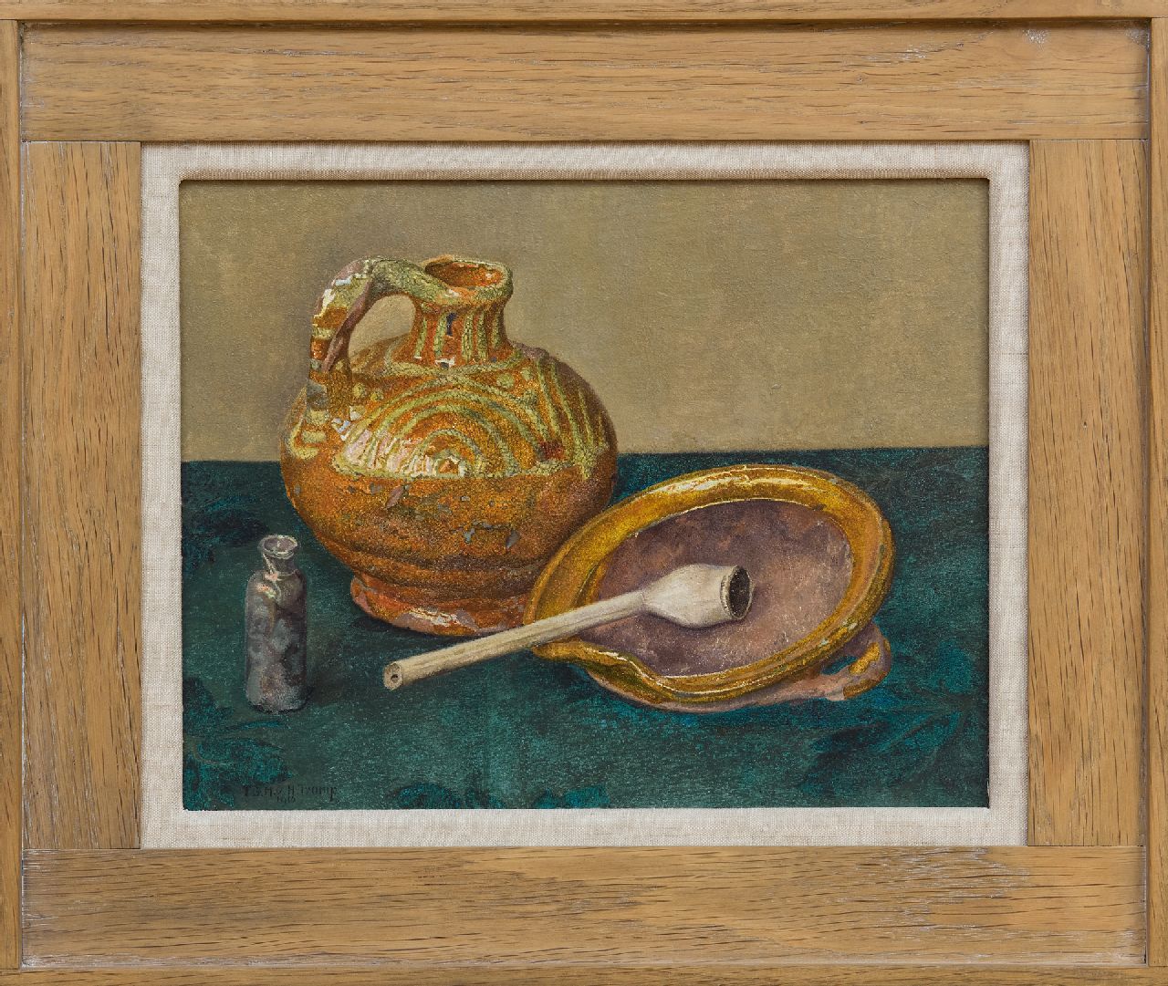 Hettinga Tromp T.G.M. van | Tjitske Geertruida Maria van Hettinga Tromp | Paintings offered for sale | Still life with pottery and a pipe, oil on panel 21.5 x 27.1 cm, signed l.l. and dated 1910