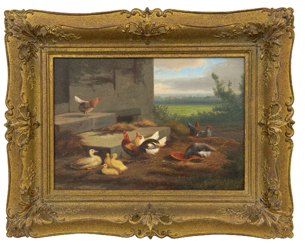 Leemputten J.L. van | Jean-Baptiste Leopold van Leemputten | Paintings offered for sale | Chicken and ducks on a farmyard, oil on panel 24.0 x 36.2 cm, signed l.l. and painted 1869