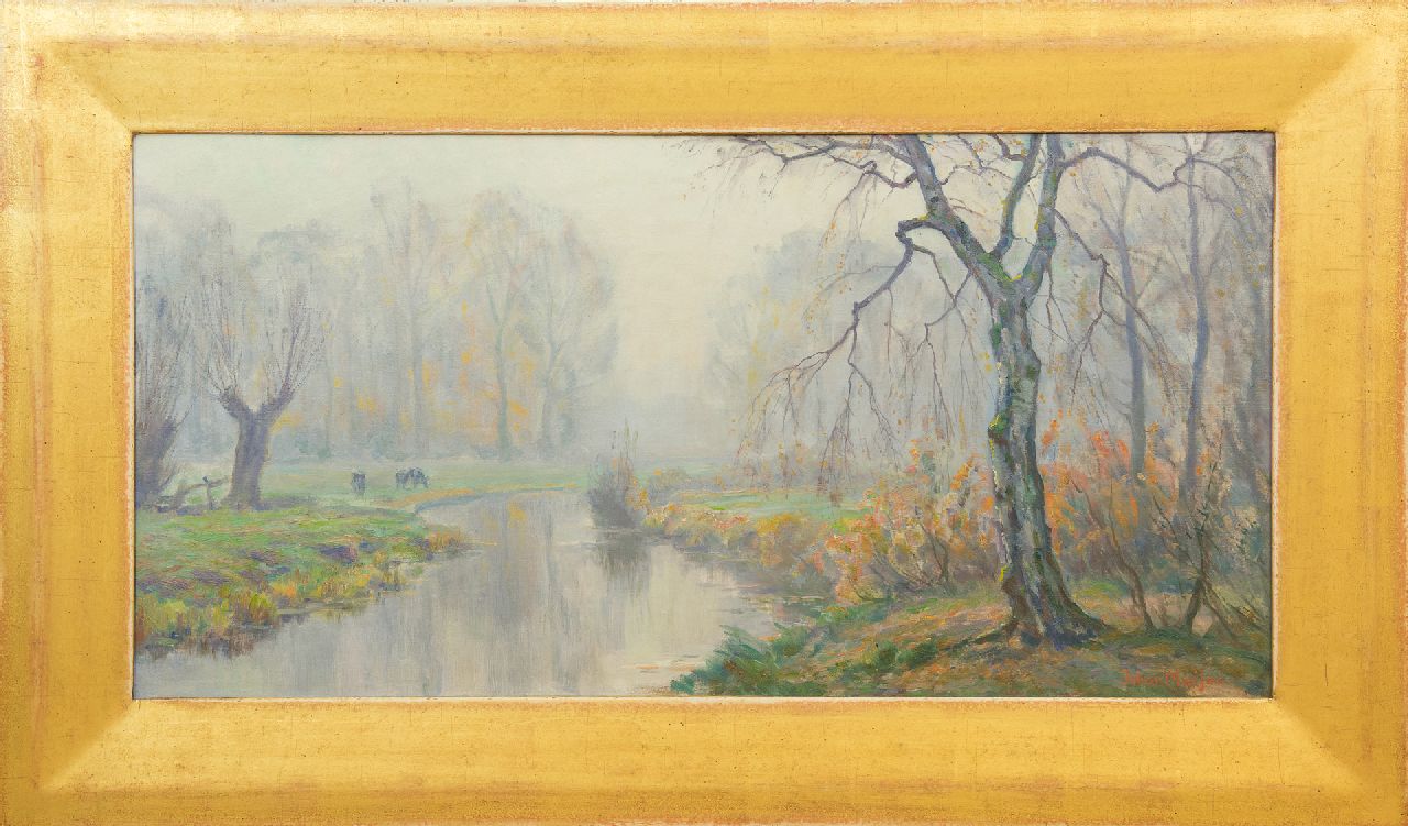 Meijer J.  | Johannes 'Johan' Meijer, Misty landscape, oil on canvas 40.4 x 80.3 cm, signed l.r.