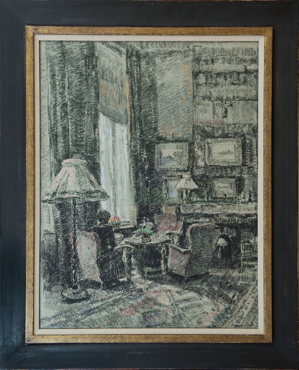 Noltee B.C.  | Bernardus Cornelis 'Cor' Noltee | Watercolours and drawings offered for sale | Corner near the window; living room of the artist, chalk on paper 65.0 x 50.0 cm, signed l.r.