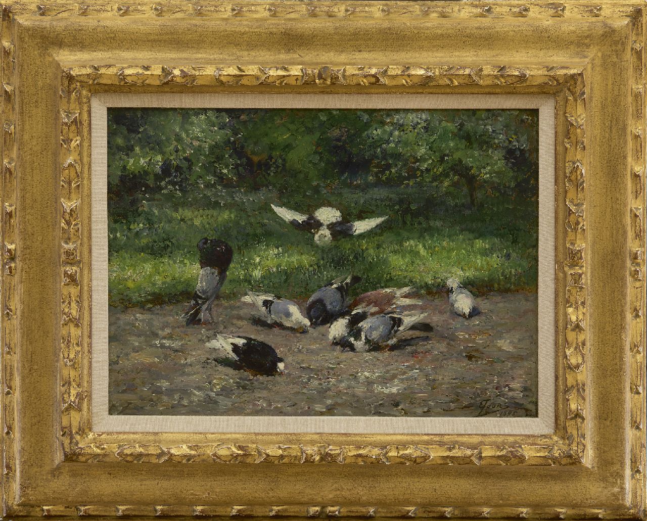 Joors E.  | Eugeen Joors, Pigeons in the park, oil on panel 24.0 x 32.5 cm, signed l.r. and dated 1895