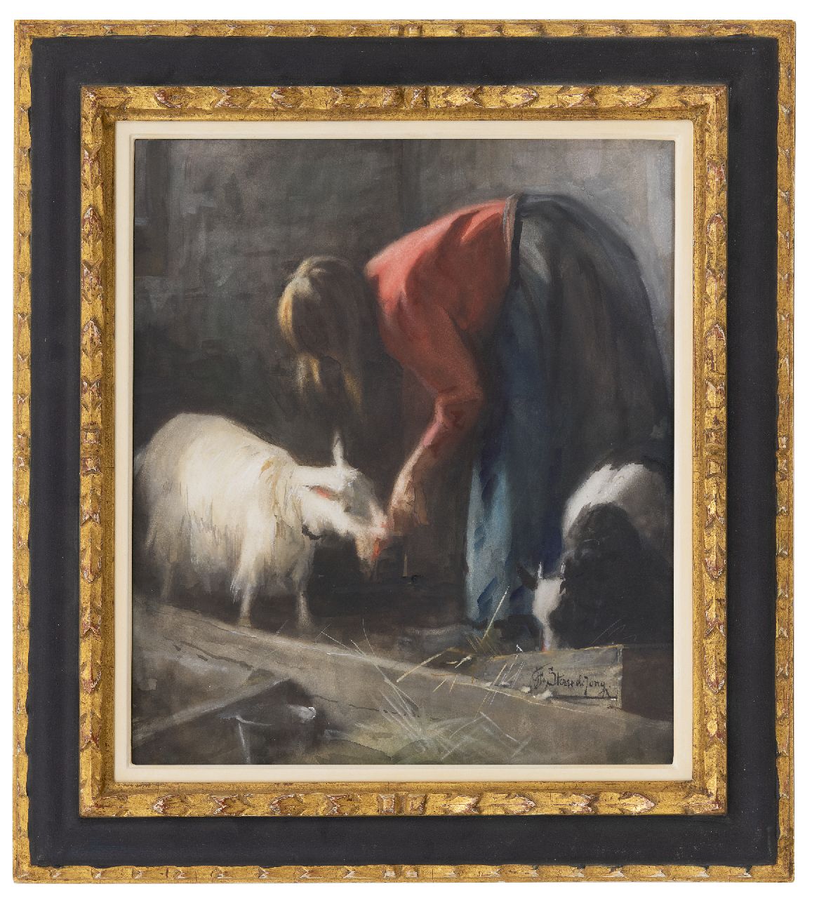 Sterre de Jong J.F.  | Jacobus Frederik Sterre de Jong | Watercolours and drawings offered for sale | Feeding the goat, watercolour on paper 42.6 x 37.0 cm, signed l.r.