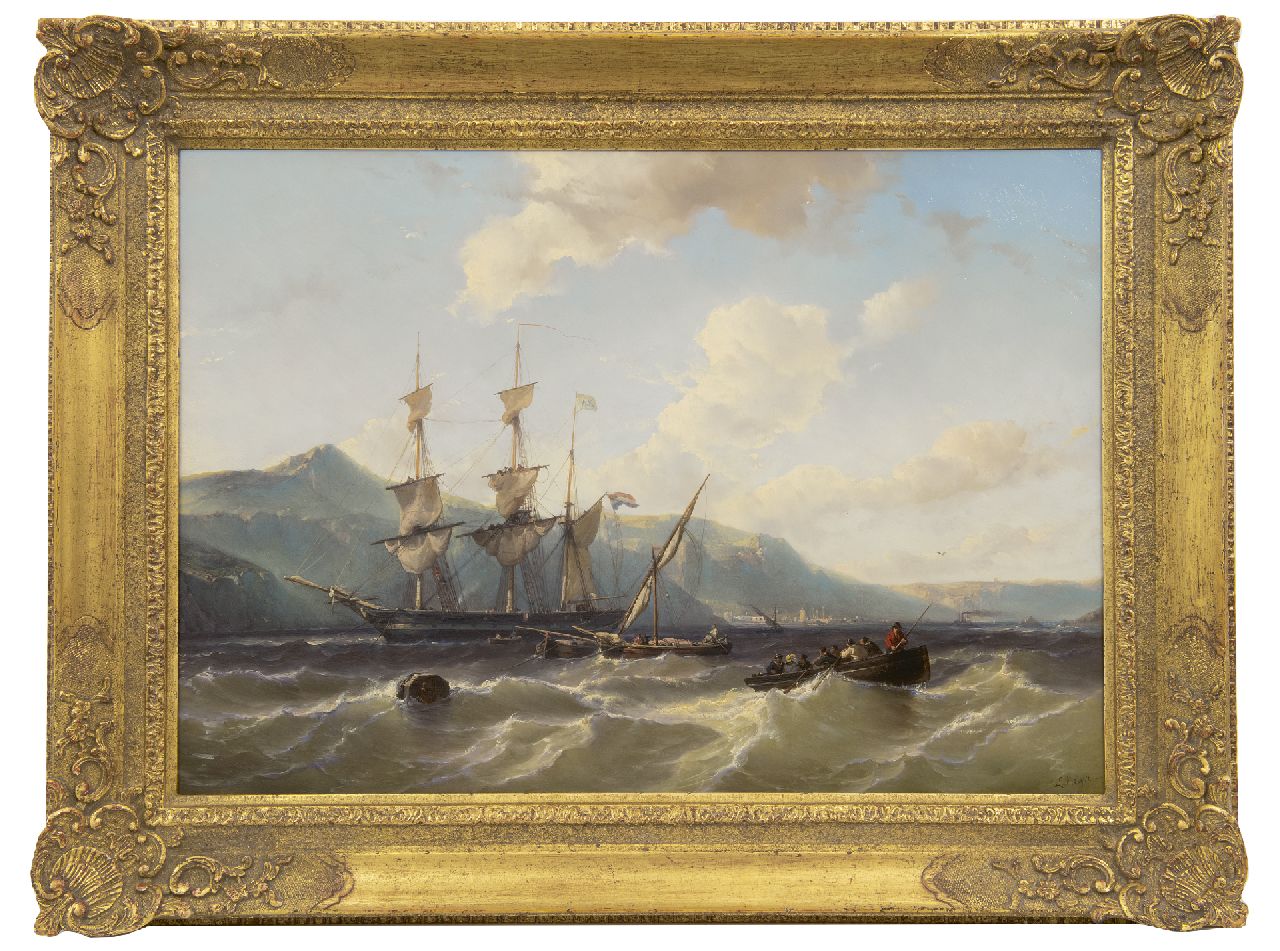 Meijer J.H.L.  | Johan Hendrik 'Louis' Meijer | Paintings offered for sale | A scooner, cargo vessels and a sloop along a mountainous coast, possibly Saint Helena, oil on panel 43.9 x 62.3 cm, signed l.r.