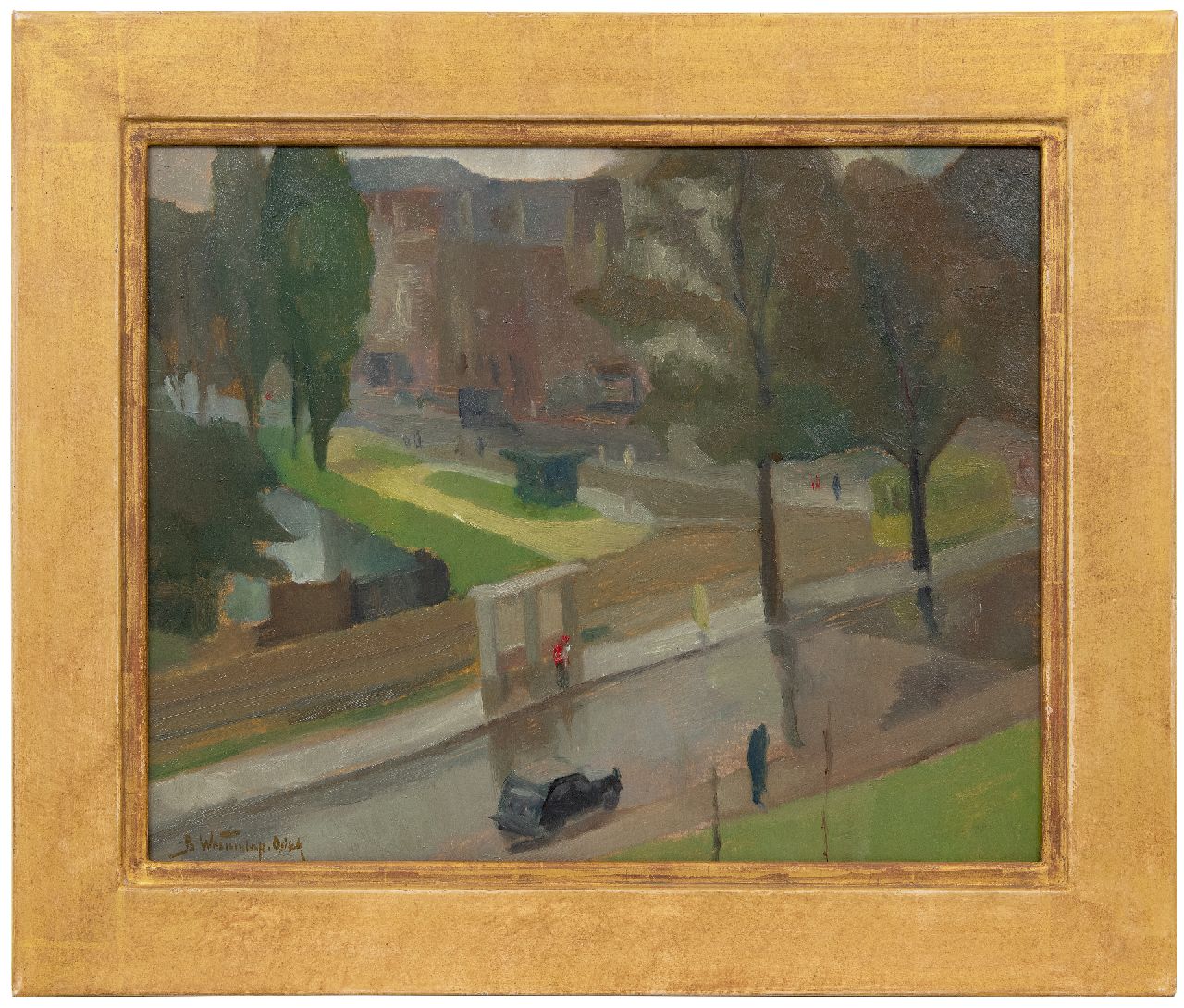Westendorp-Osieck J.E.  | Johanna Elisabeth 'Betsy' Westendorp-Osieck, The Valeriusplein in Amsterdam (as seen from the painter's studio), oil on board 40.4 x 50.5 cm, signed l.l.
