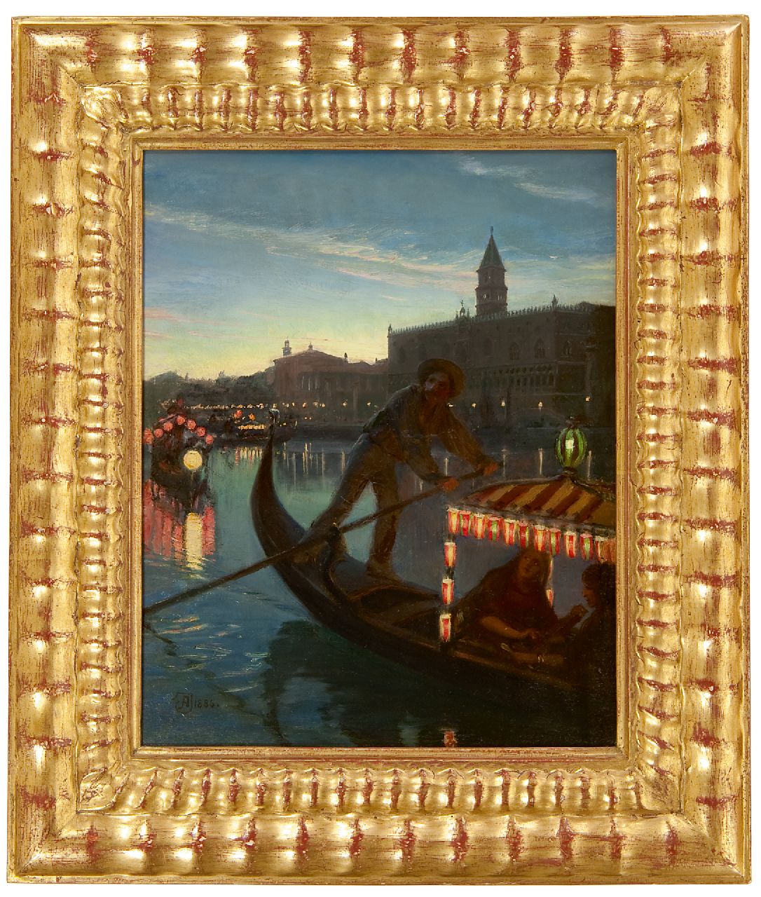 Jerndorff A.A.  | August Andreas Jerndorff | Paintings offered for sale | A gondola in front of the Doge's Palace in Venice, at night, oil on canvas 41.0 x 33.0 cm, signed l.l. with monogram and dated 1886