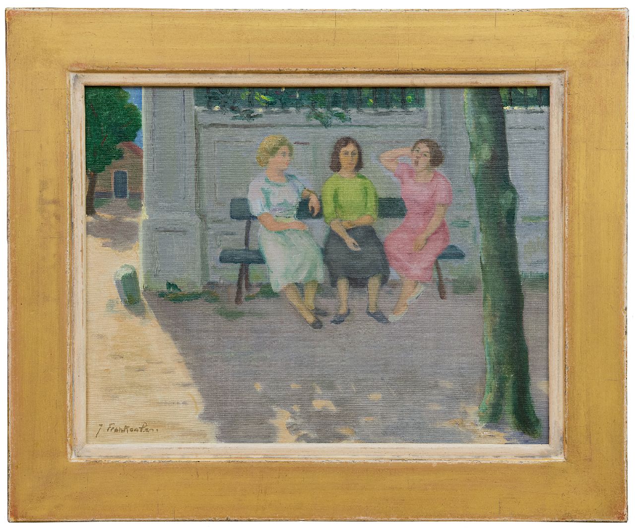Franken J.P.J.  | Joannes Petrus Josephus 'Jan' Franken, Three women on a bench, oil on canvas 35.4 x 45.2 cm, signed l.l.