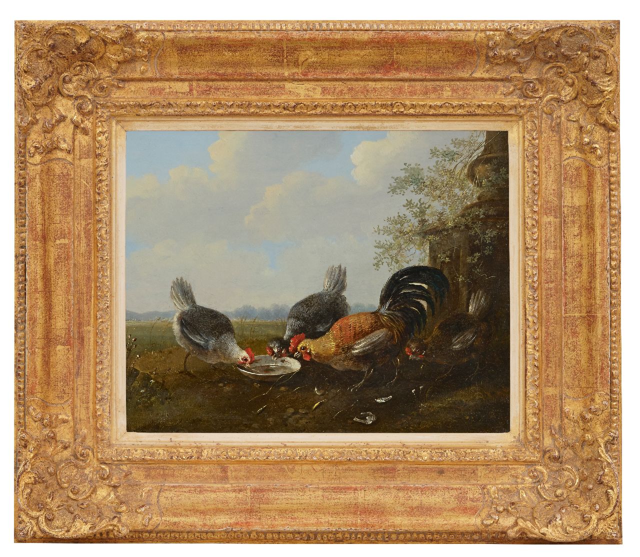 Verhoesen A.  | Albertus Verhoesen | Paintings offered for sale | Four chickens near a waterbowl, oil on panel 22.4 x 27.8 cm