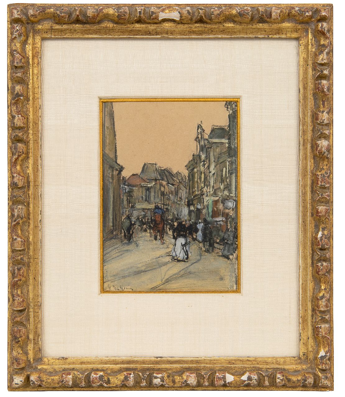 Arntzenius P.F.N.J.  | Pieter Florentius Nicolaas Jacobus 'Floris' Arntzenius, A street in The Hague, black chalk and watercolour on paper 12.5 x 8.9 cm, signed l.l.