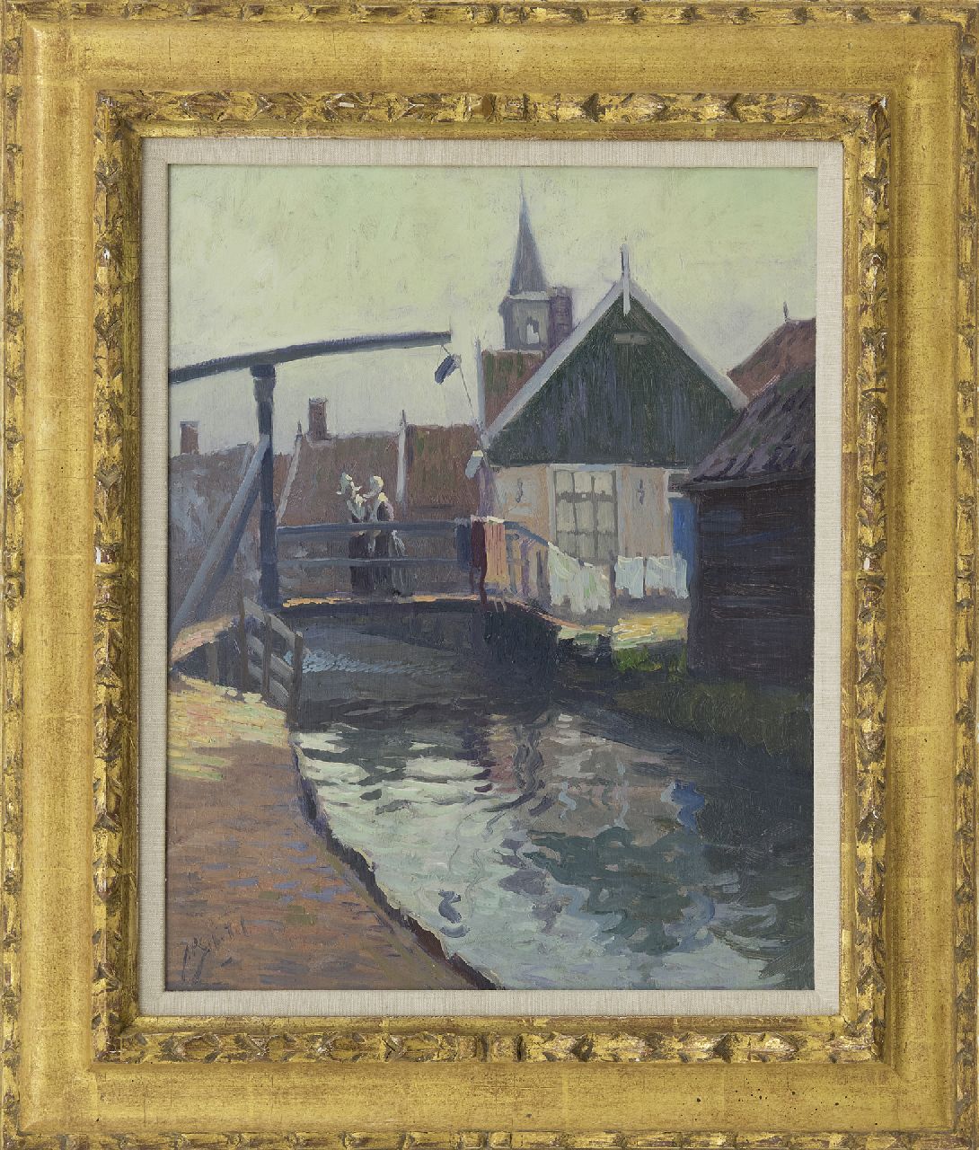 Schotel A.P.  | Anthonie Pieter Schotel, A view of the Yellow Bridge, Volendam, oil on panel 41.0 x 32.7 cm, signed l.l.