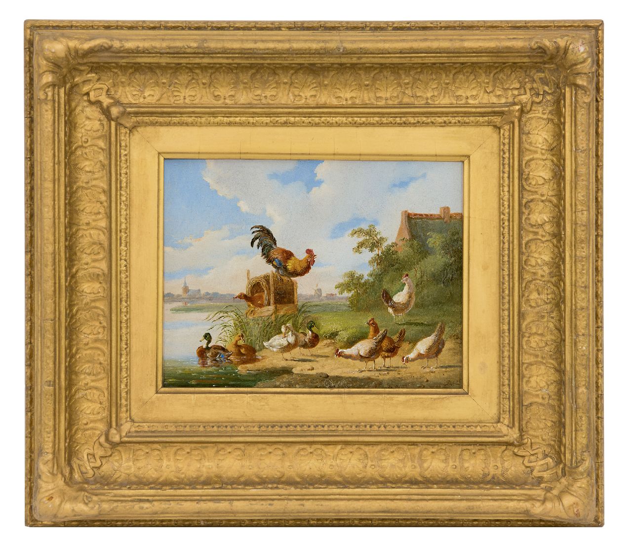 Verhoesen A.  | Albertus Verhoesen, A cock, chicken and ducks on a riverbank, oil on panel 14.7 x 18.7 cm, signed l.c. and dated 1870