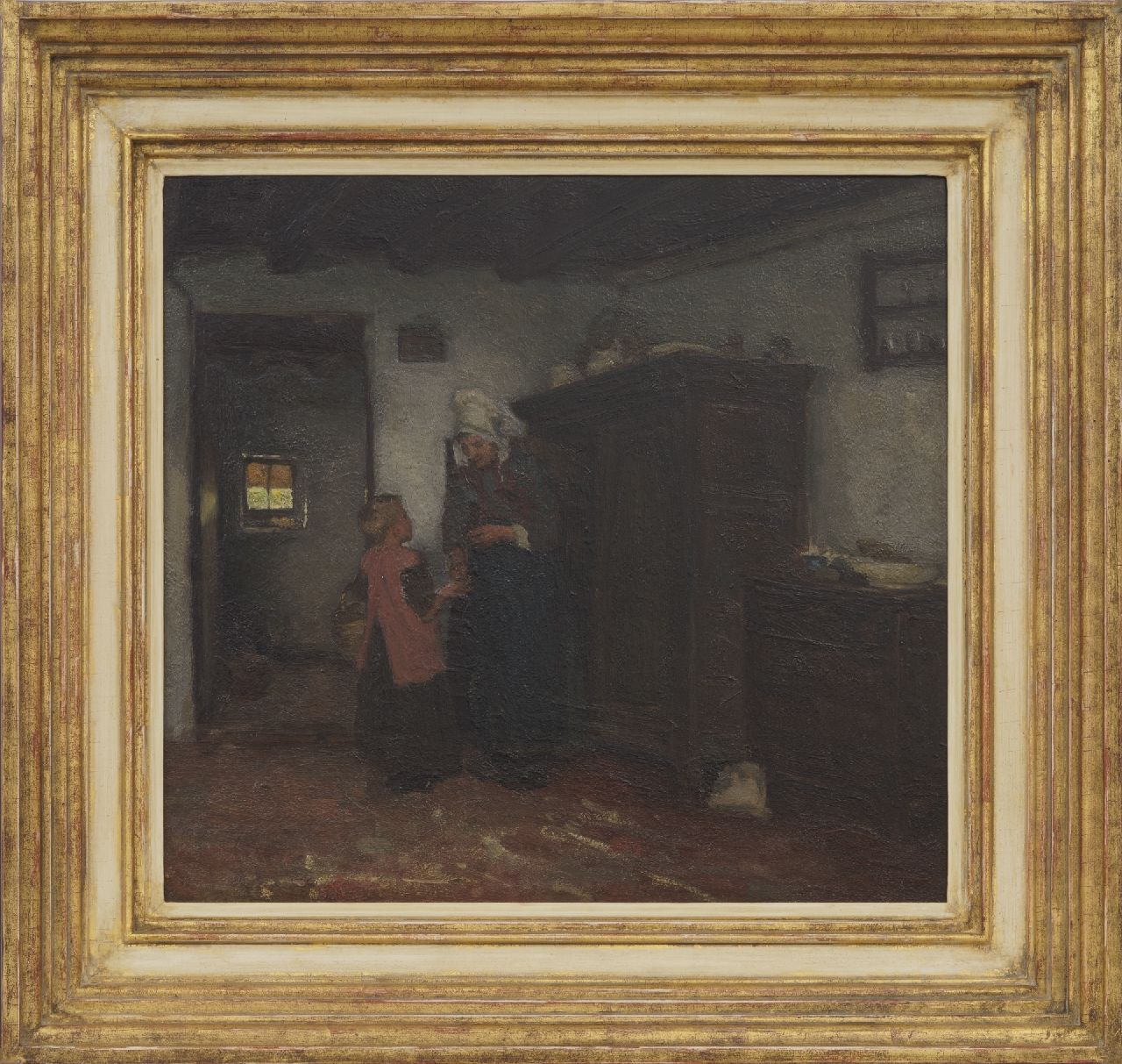 Neuhuys J.A.  | Johannes 'Albert' Neuhuys, A farm interior with a woman and child, oil on panel 40.4 x 43.7 cm, signed on a label on the reverse