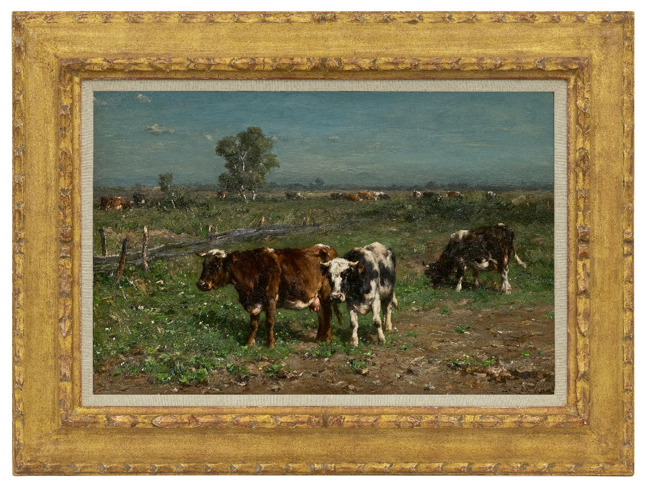 Haas J.H.L. de | Johannes Hubertus Leonardus de Haas, Cattle in a meadow, oil on panel 31.3 x 47.2 cm, signed l.r.