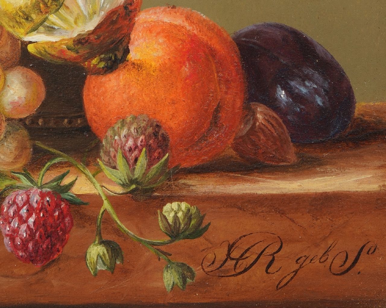 Onbekend signatures A still life with fruit and a bird on a branch