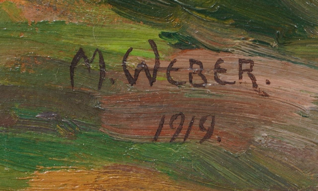 Marie Weber signatures Hollyhocks on a farmyard