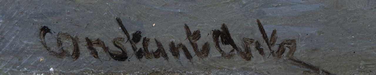 Constant Artz signatures Ducks and ducklings on a river bank