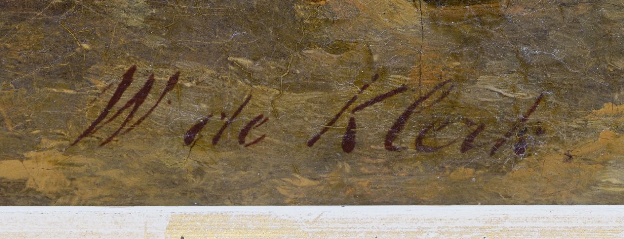 Willem de Klerk signatures Land folk on a wooded path near a church