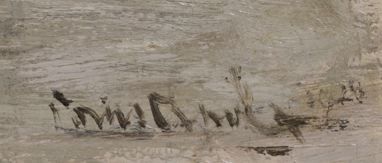 Louis Apol signatures A snowy river view with moored sailing barge