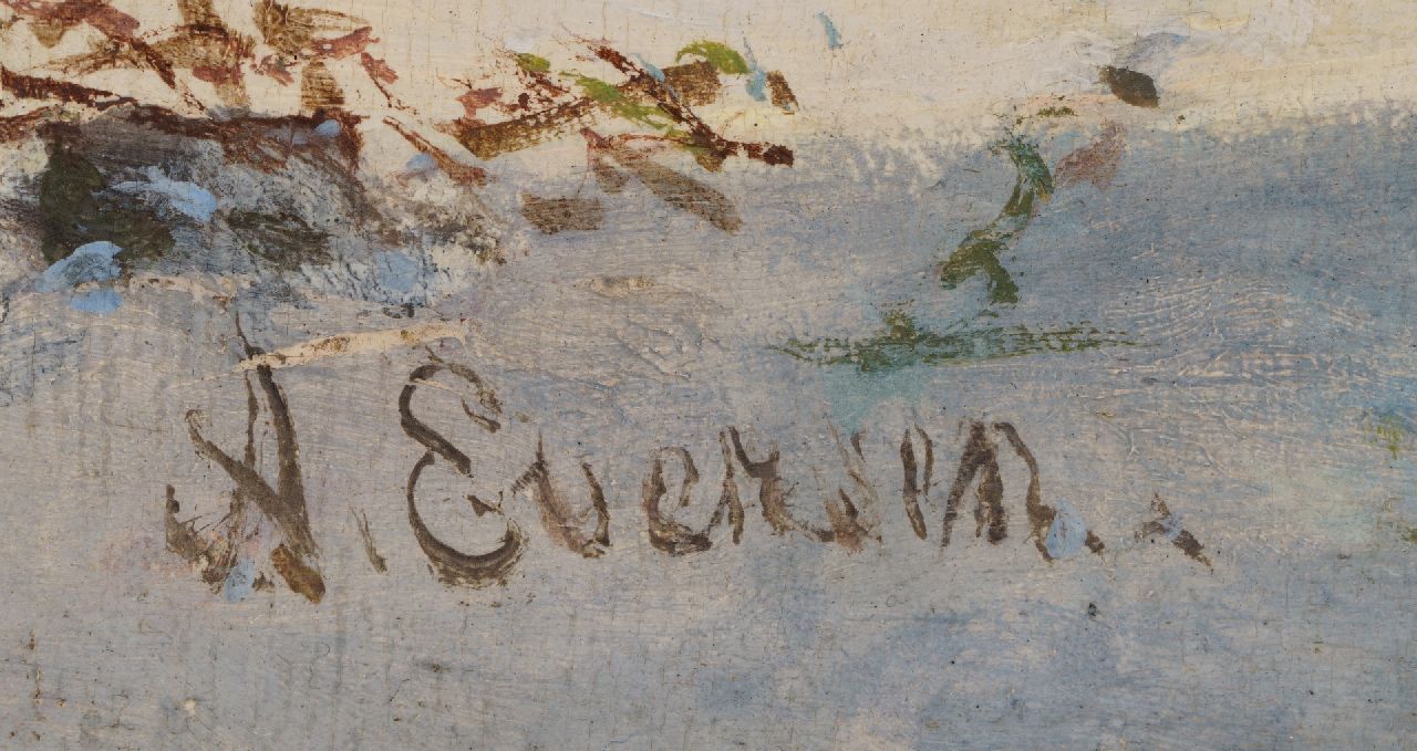 Adrianus Eversen signatures Snowy townscape with figures