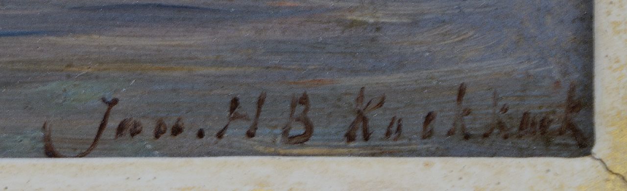 Jan H.B. Koekkoek signatures Barges on a lake near the Muiderslot at fallinf dusk