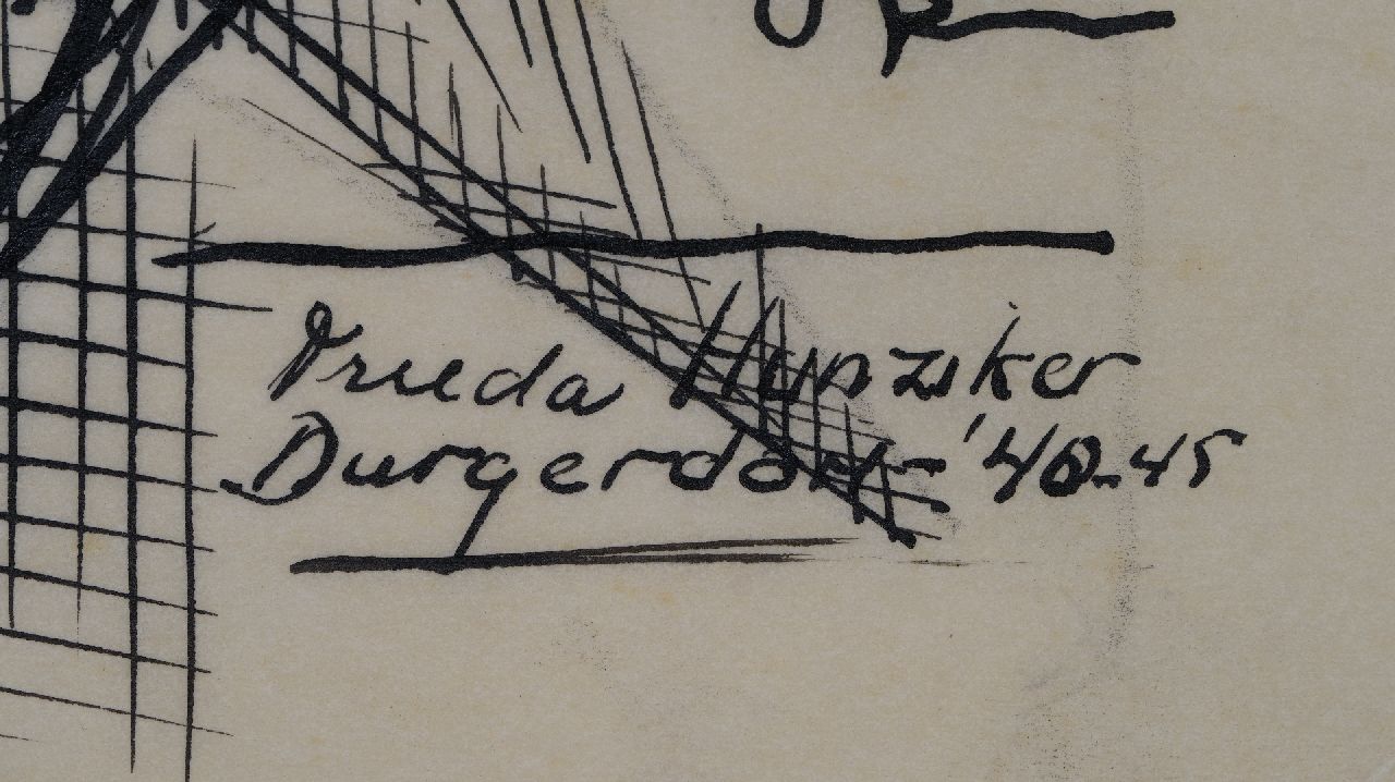 Frieda Hunziker signatures Masts and drying fishing nets, Durgerdam