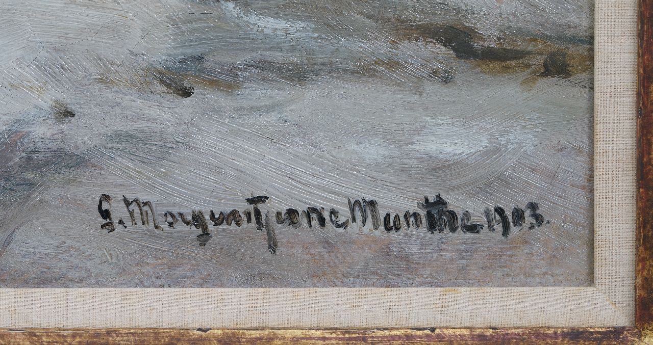 Morgenstjerne Munthe signatures Snowy beach with a fishing barge