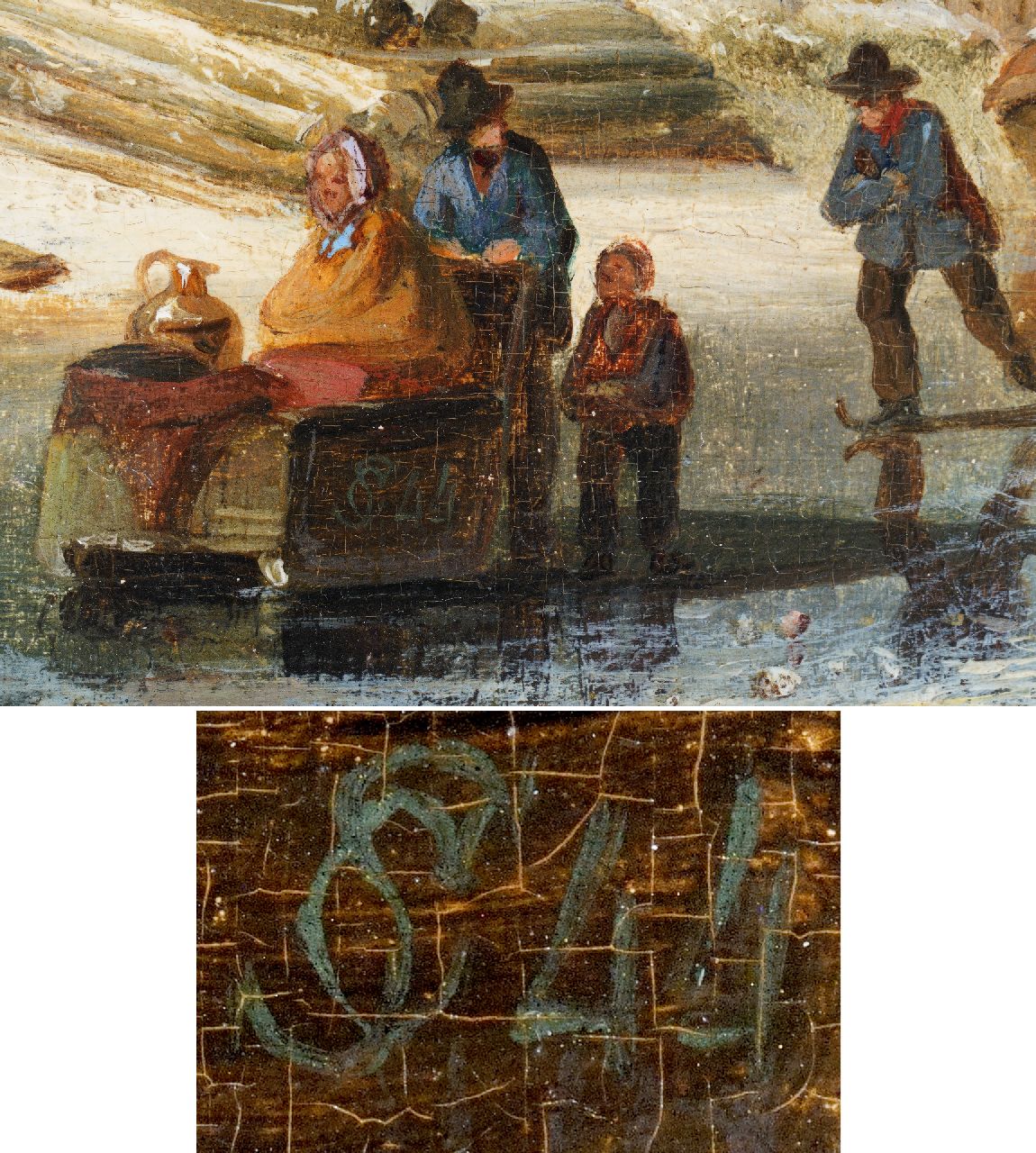 Cornelis Springer signatures Village in winter with ice skaters and a drawbridge in the distance.