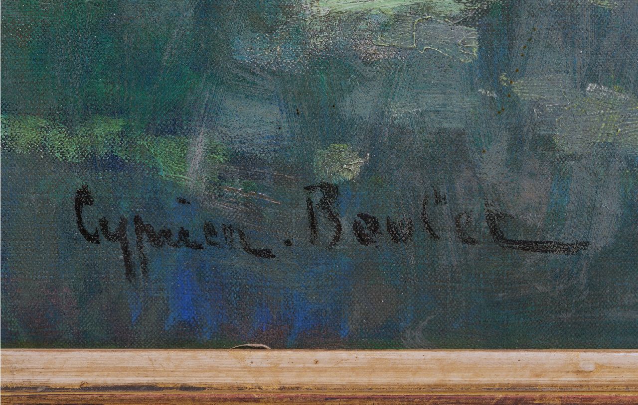 Cyprien-Eugène Boulet signatures An elegant young lady in a summer landscape