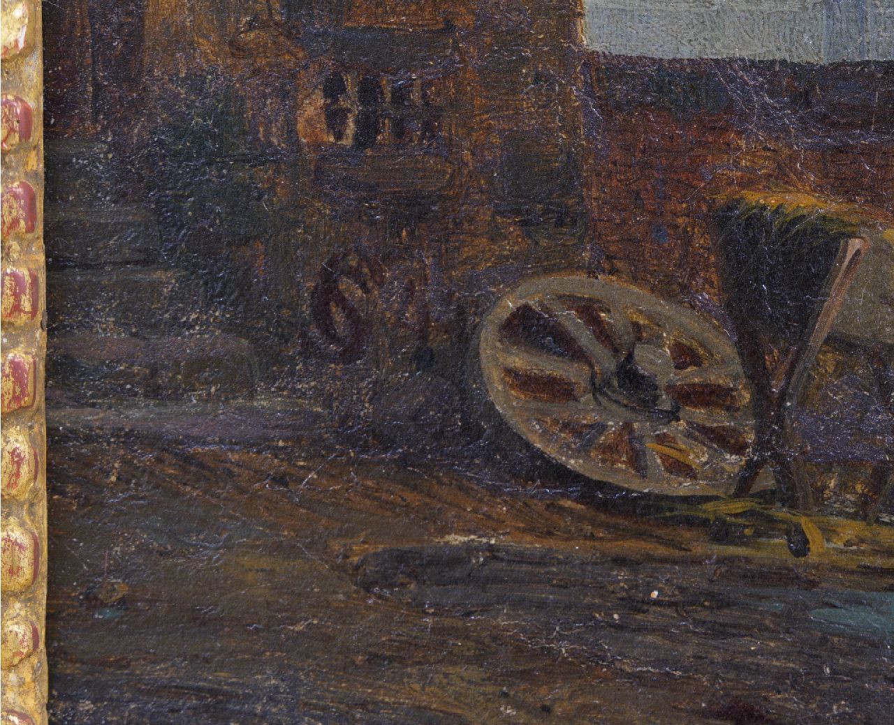 Cornelis Springer signatures Dutch town square with church and covered wagon