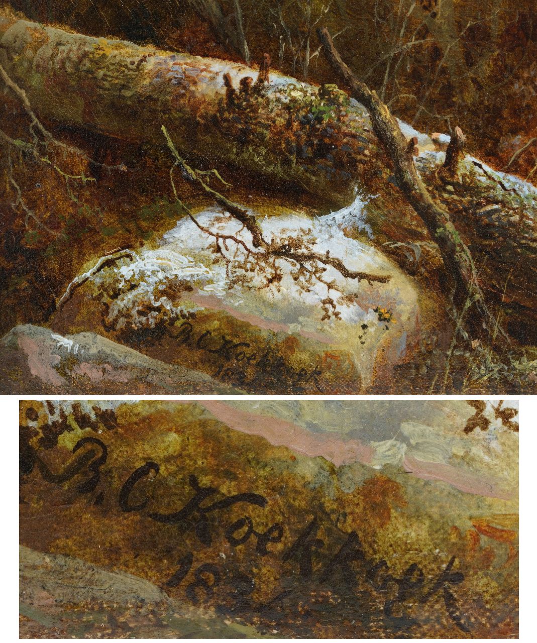 Barend Cornelis Koekkoek signatures Winter landscape with shepherd and cattle and a church in the river valley