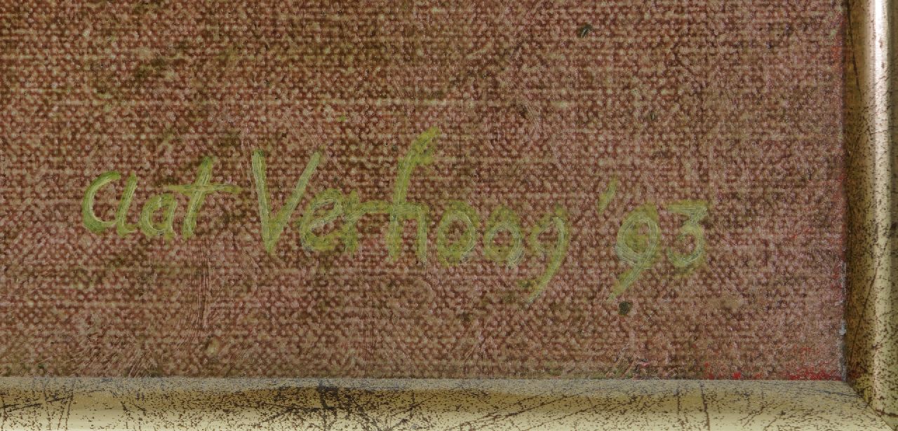 Aat Verhoog signatures Rokende vrouw op roze bed
