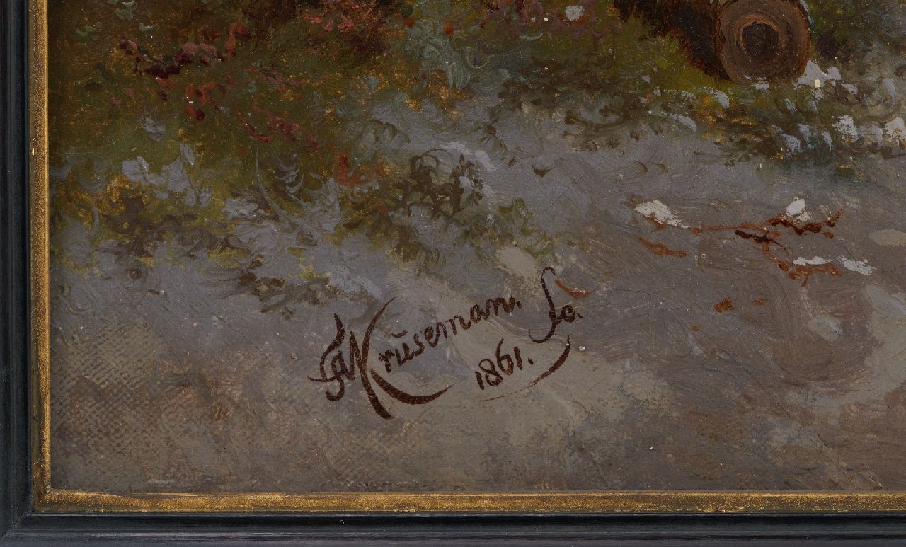 Frederik Marinus Kruseman signatures Winter landscape with skaters and a 'Koek-en-Zopie'