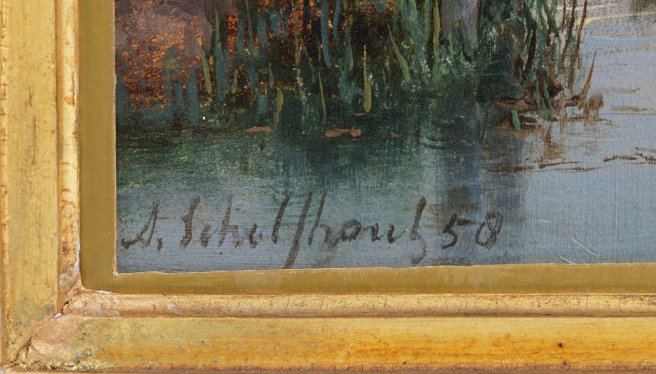 Andreas Schelfhout signatures A summer river view with sailing ships, a steamship in the distance