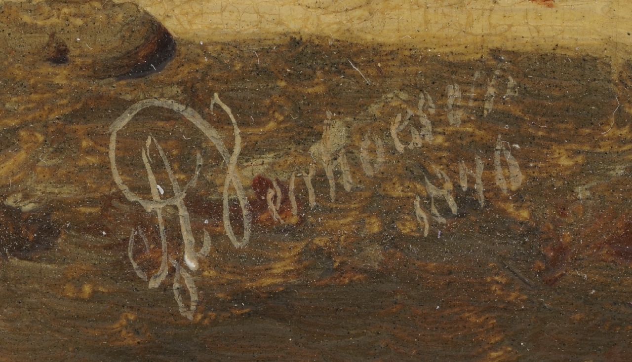 Albertus Verhoesen signatures A cock, chicken and ducks on a riverbank