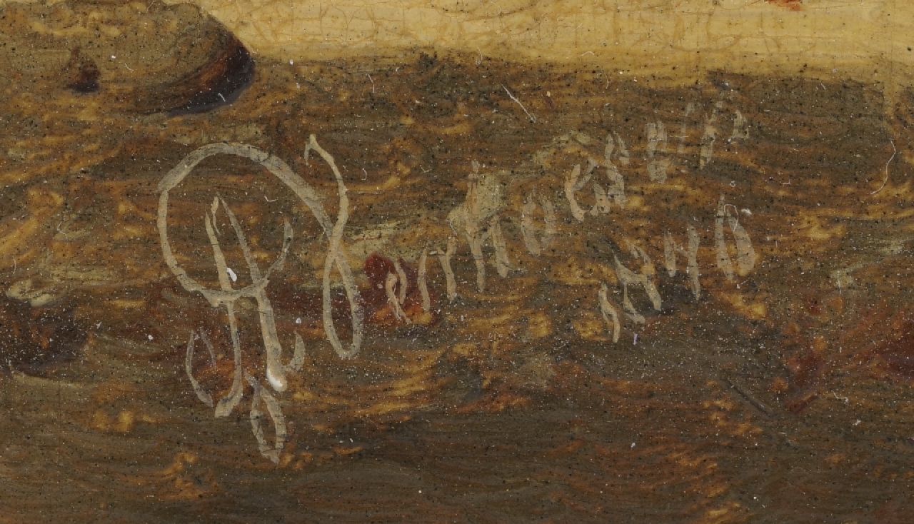 Albertus Verhoesen signatures A cock, chicken and ducks on a riverbank