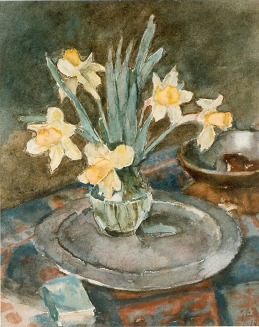 Jan Akkeringa | Daffodils in a vase, watercolour on paper, 31.0 x 26.0 cm, signed l.r. and dated 1952