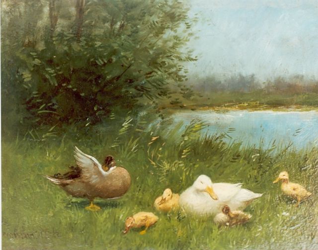 Constant Artz | Duck with ducklings, oil on panel, 18.8 x 25.0 cm, signed l.l.