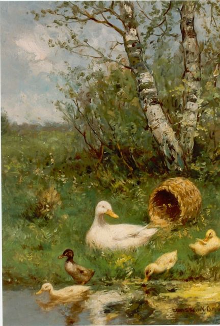 Constant Artz | Duck and ducklings watering, oil on panel, 24.0 x 18.1 cm, signed l.r.