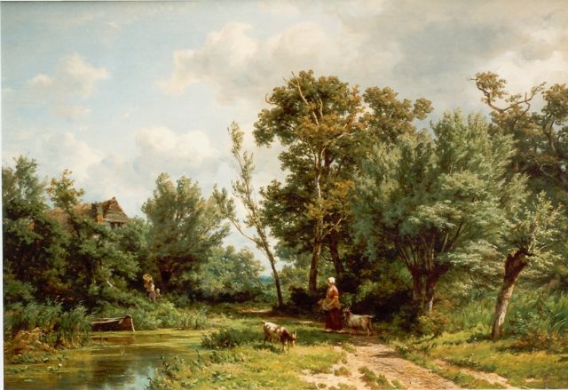 Borselen J.W. van | A shepherdess, oil on canvas 45.8 x 68.5 cm, signed l.r.