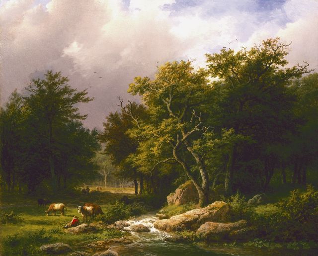 Koekkoek B.C.  | Wooded landscape with cattle, oil on panel 25.3 x 31.2 cm, signed l.r.