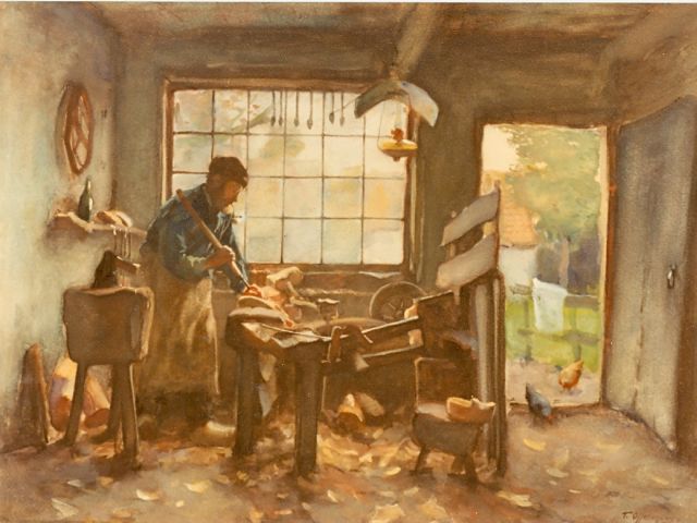Tony Offermans | The wooden shoe maker, oil on canvas, 31.0 x 38.0 cm, signed l.r.