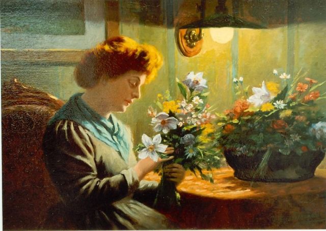 Gerstenhauer Zimmerman J.G.  | Arranging flowers, oil on panel 23.1 x 32.0 cm, signed l.r.