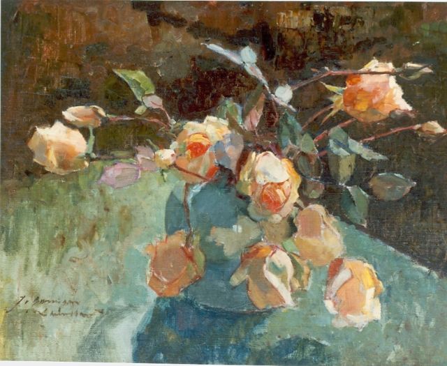 Groningen-Laurillard J.A.G. van | Yellow roses, oil on canvas laid down on panel 39.5 x 50.0 cm, signed l.l.