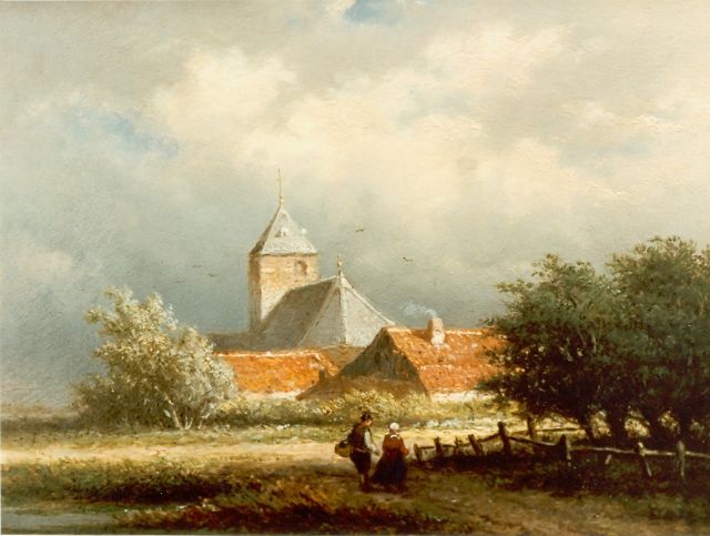 Georgius Heerebaart | Figures on a country road, with a church beyond, oil on panel, 17.7 x 22.8 cm, signed l.l.