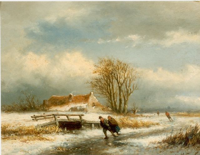 Georgius Heerebaart | Skaters on a frozen waterway, oil on panel, 17.3 x 23.0 cm, signed l.r.