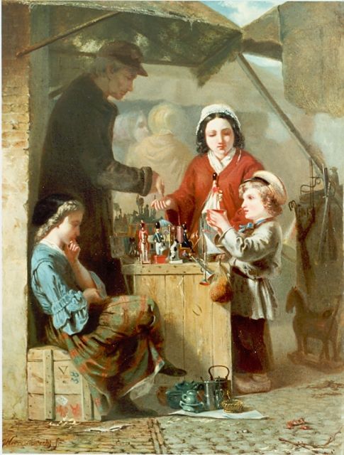 Hoevenaar J.  | The toys seller, oil on panel 40.0 x 31.6 cm, signed l.l.