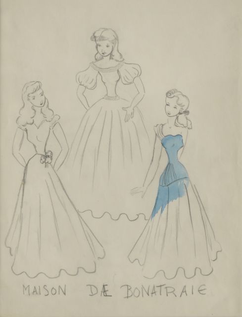 Oranje-Nassau (Prinses Beatrix) B.W.A. van | Models at the Bonneterie, pencil and blue ink on paper 30.0 x 23.0 cm