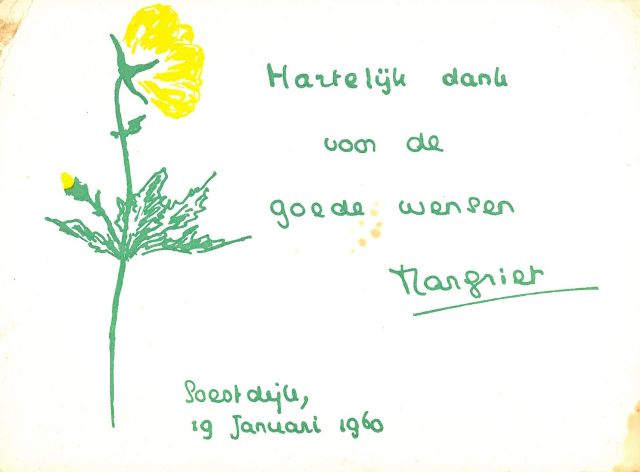 Oranje-Nassau (Prinses Margriet) M.F. van | Buttercup, green and yellow ink on paper (postcard) 11.0 x 15.0 cm, signed in the centre and dated 'Soestdijk, 19 Januari 1960'