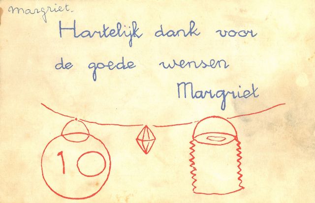 Prinses Margriet van Oranje-Nassau | Lanterns, red and blue ink on paper (postcard), 9.0 x 14.0 cm, signed in the centre