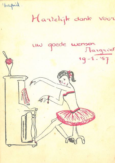 Prinses Margriet van Oranje-Nassau | Ballerina playing the piano, pink and black ink on paper (postcard), 15.0 x 10.5 cm, signed c.r. and dated 19-1-'57